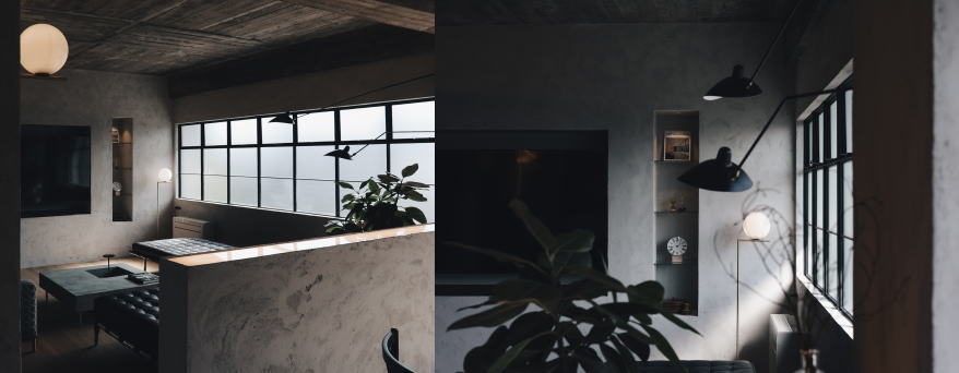 コンクリート天井とアイアン窓を組み合わせたインダストリアル空間