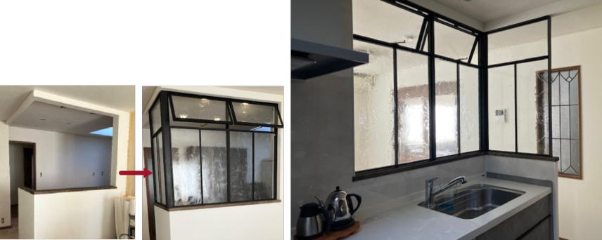 キッチン部分のＬ字をアイアン窓でオシャレにした施工例